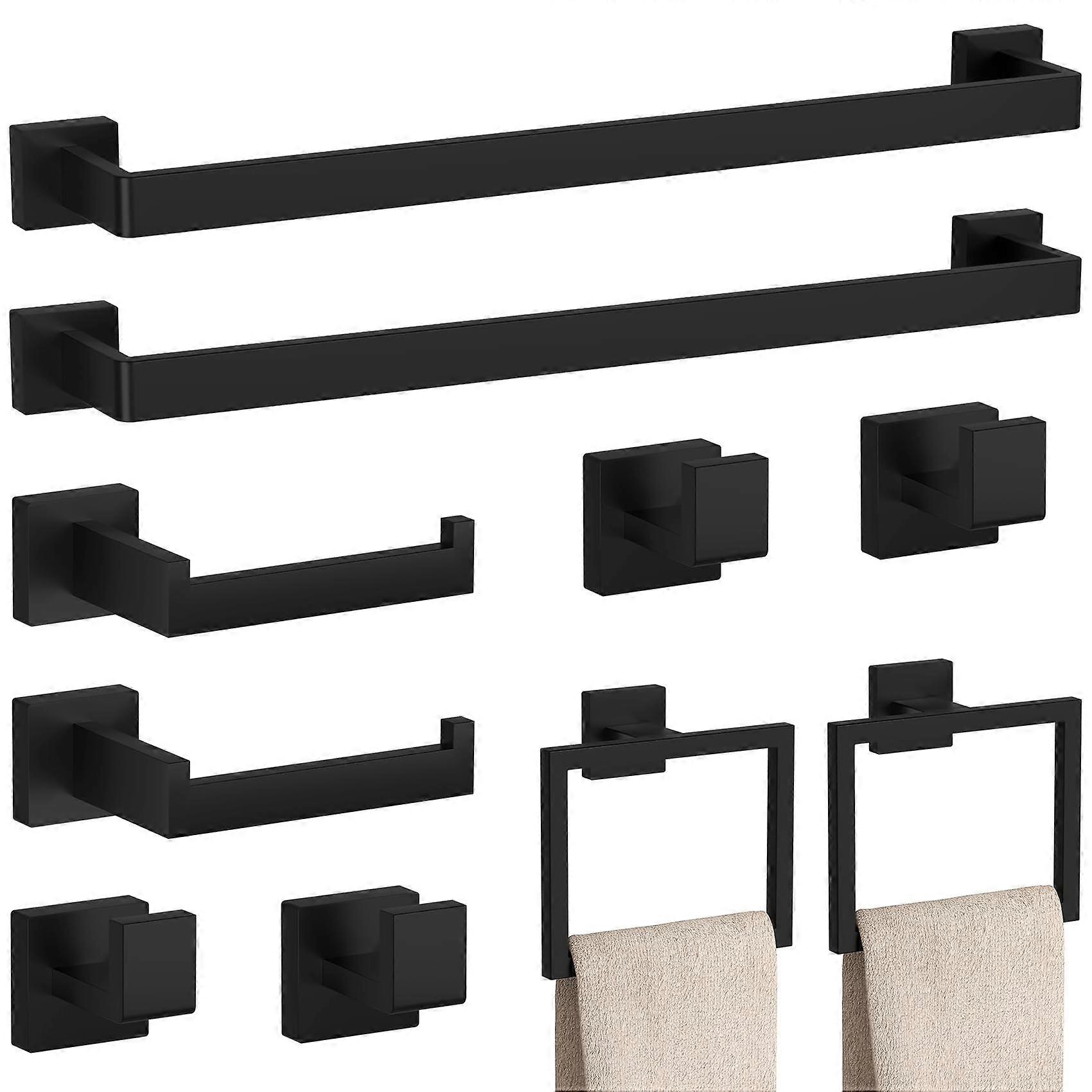 Matte Black Bathroom Accessories Set, 10Piece Rustproof SUS304 Hardware Kit with Towel Bars and Hooks