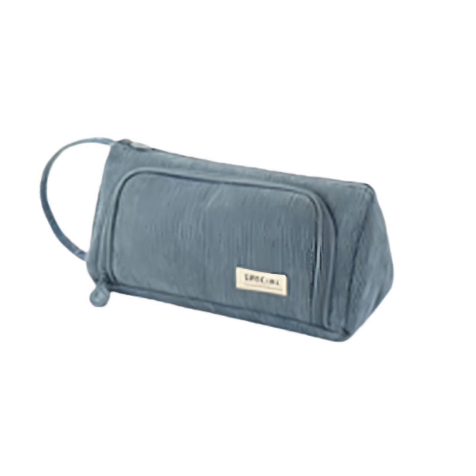 Large Capacity Pencil Case with Three Compartments, Triangular Corduroy Stationery Pouch Blue