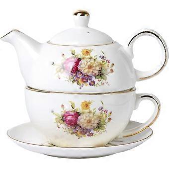 European Porcelain Tea for One, Vintage Floral Teapot and Saucer Set, Gold Trim Floral Teapot, Tea Cup with Saucer Set