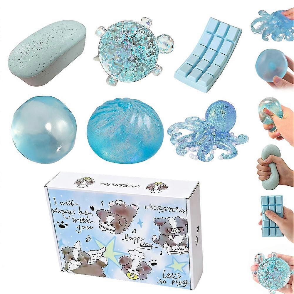 Blue Squeeze Toy Gift Set - 6pcs Assorted Textures Elegant Box Packaging