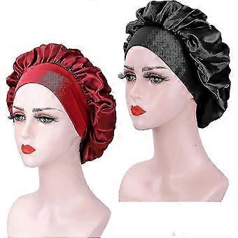 2Pcs Satin Night Hair Bonnet, Silk Night Hair Bonnet, Satin Night Cap, Night Hair Bonnet For Women (black+burgundy), ehe Ma