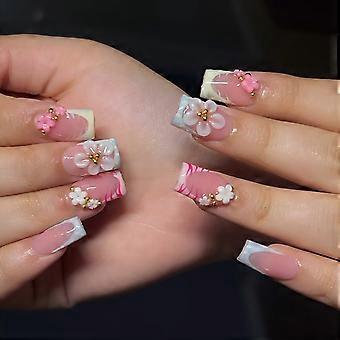 False Nail Press On Set with French Tip and 3D Flower Art, Soft Pink Color for Evening Looks, Gold Bead Accent, Assorted Sizes, 24 Piece Multicolor
