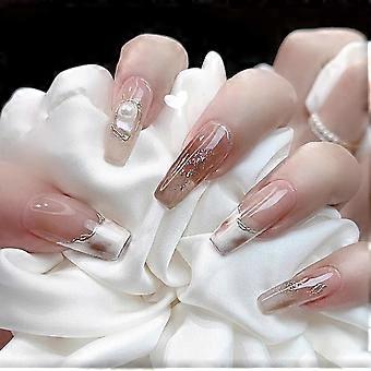 Clear Pink Long Ballet False Nails With Pearls Sweet & Charming Reusable False Nails