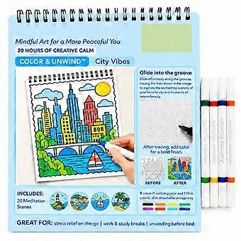 Adult Coloring Book Set with 4 Pens, City Landscape Spiral Tracing Book, Relaxing Art Activity for Stress Relief and Daily Leisure