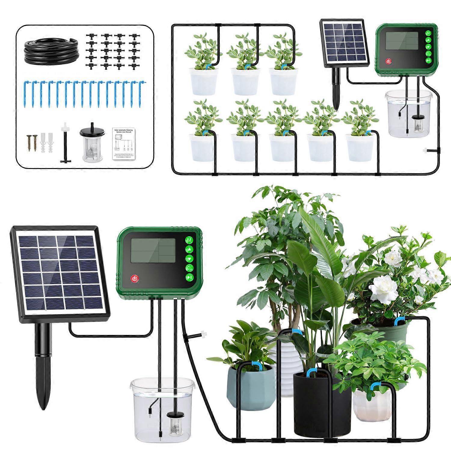 Solar Automatic Drip Irrigation System with Programmable Timer for 15 Potted Plants Indoor Outdoor