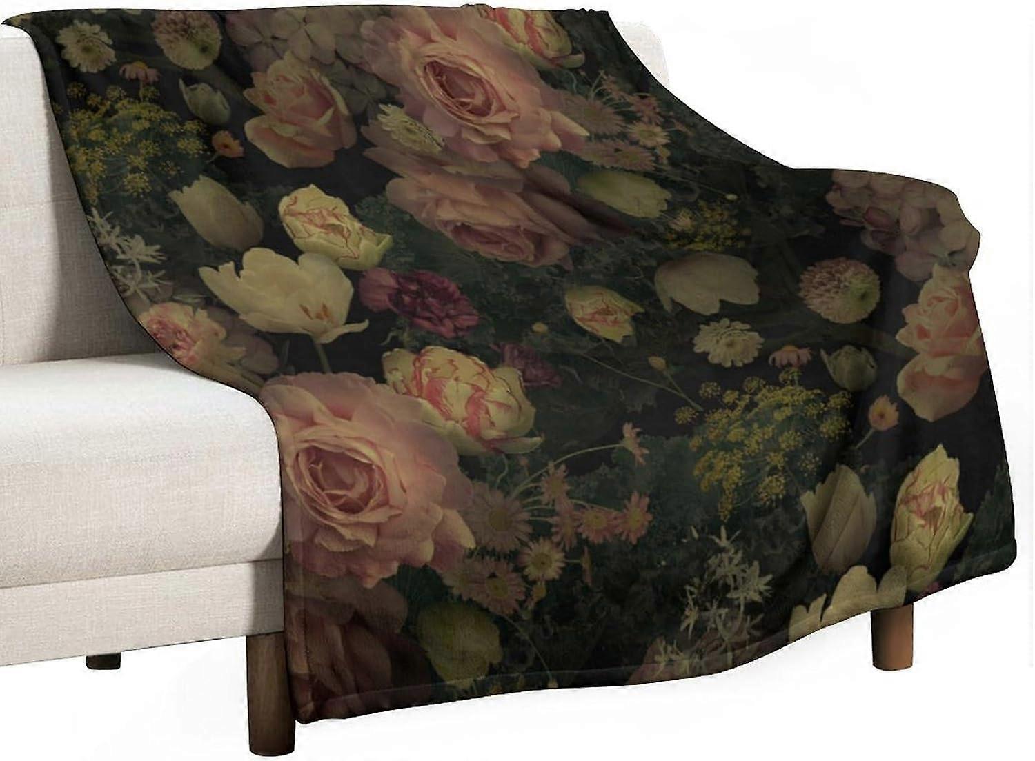 svart blommig filt, rustik akvarell botanisk rosen pion vintage löv växt boho gotiskt tryck kasta filtar för säng vardagsrum sängkläder soffa s