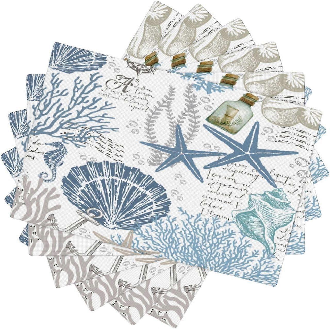 مجموعة المفارش البحرية من 4 ، نجم البحر الصيفي موضوع شاطئ المحيط صدف ، حصائر طاولة من قماش الكتان الساحلي الأزرق للمطبخ المنزلي ديكور حفلات الطعام 6 قطع
