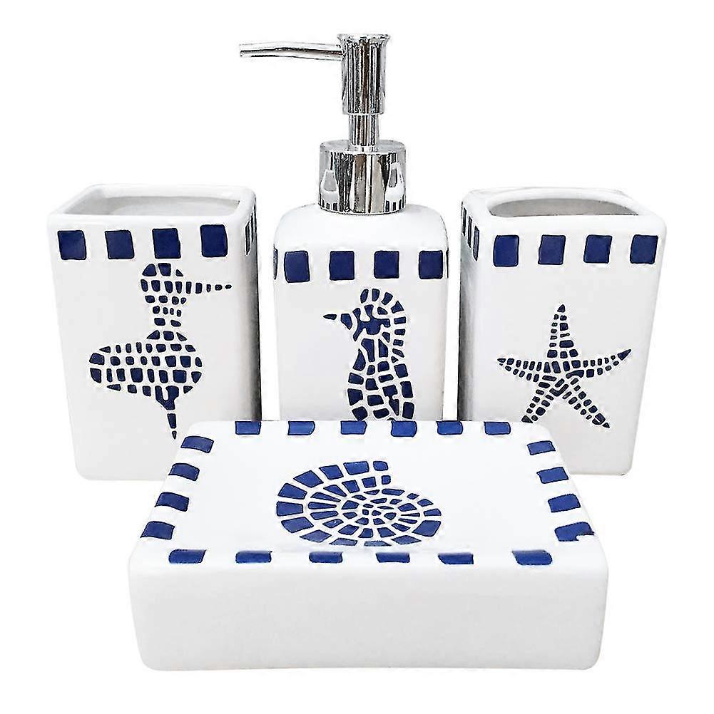 Set of 4 Ceramic Bathroom Accessories - Modern Design - Lotion Bottles, Toothbrush Holder, Tumbler, Soap Dispenser - Aquatic Creatures