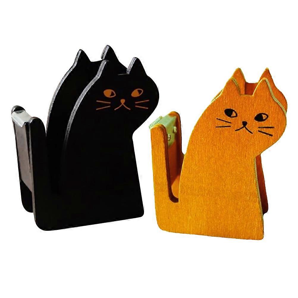 2pcsクリエイティブ猫の形をしたテープディスペンサーホームオフィス用の木製テープホルダー