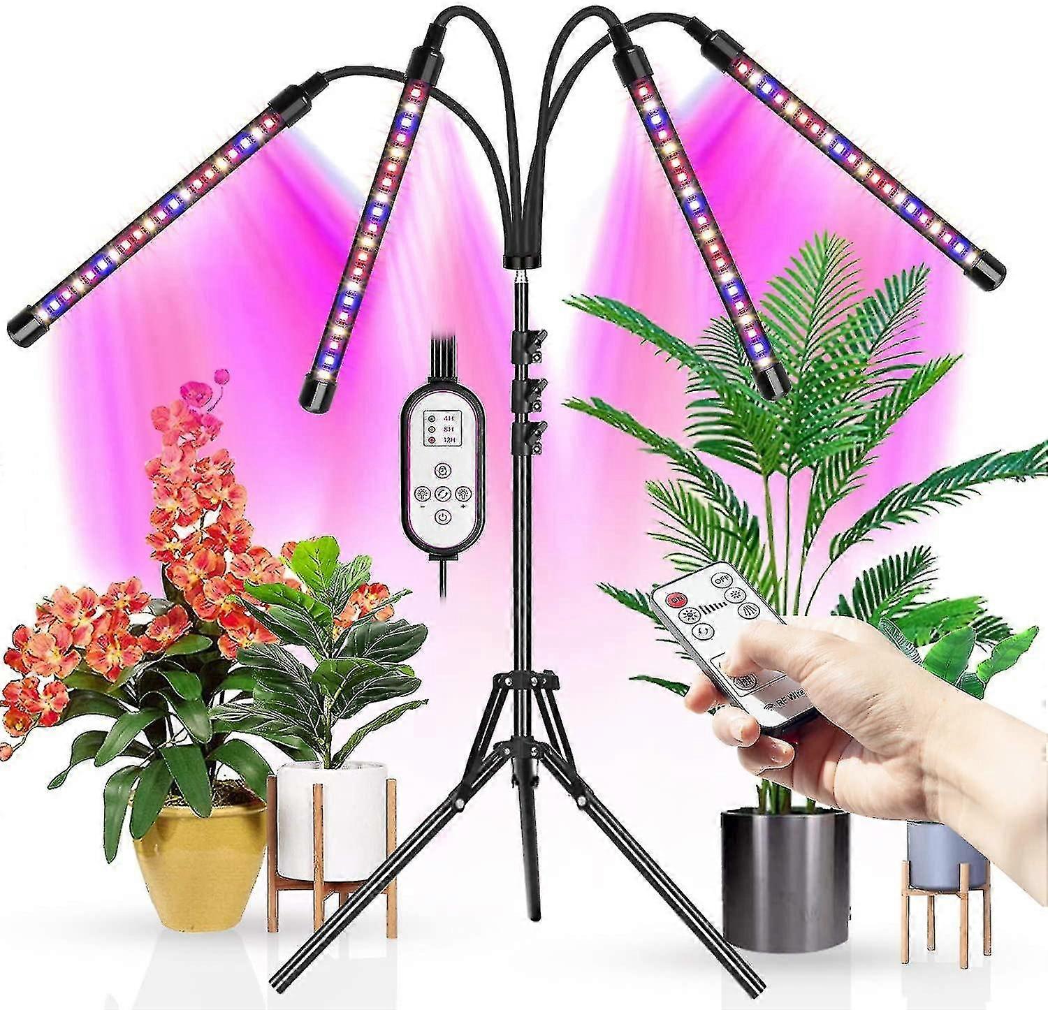 4 led grow lights, with tripod, suitable for indoor plants, 80 full spectrum led floor lamps, with two controllers, 4/8 / 12h timer (adjustable tripod