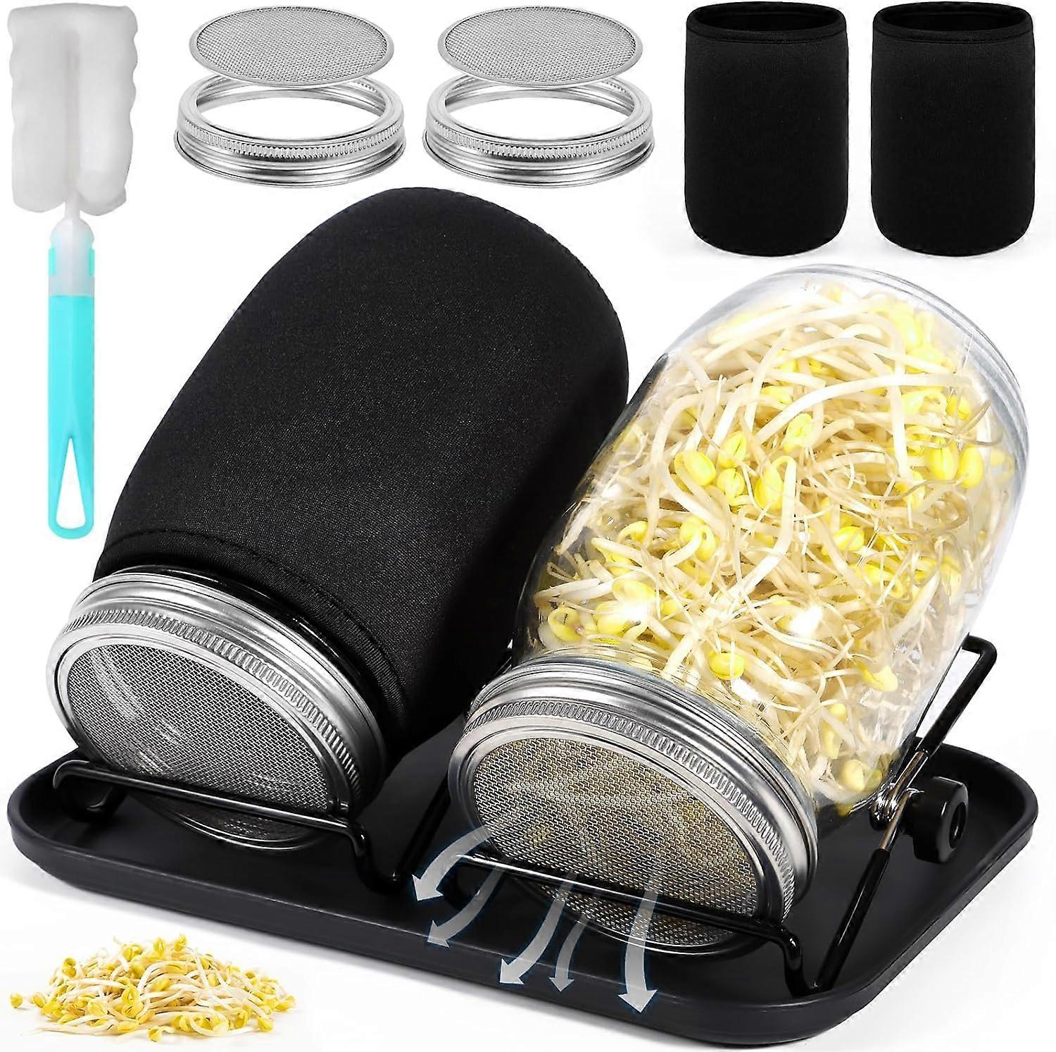 good Seed Germination Jar, 2 x 1000ml Glass Sprouter Sprout Jar, 2 Stainless Steel Grid Lids, 2 Stands, 1 Tray, 2 Shade Cloths and 1 Brush, Seed Sprou