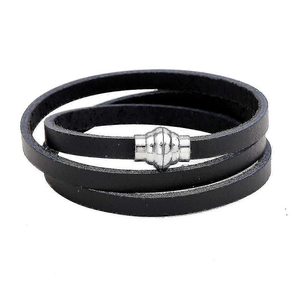 Multi-lap Winding Black Leather Bracelet With Alloy Buckle