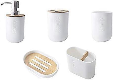 5 Piece Bamboo Bathroom Accessories Set With Toothbrush Holder, Tumbler, Soap Dispenser, Bathroom Bowl