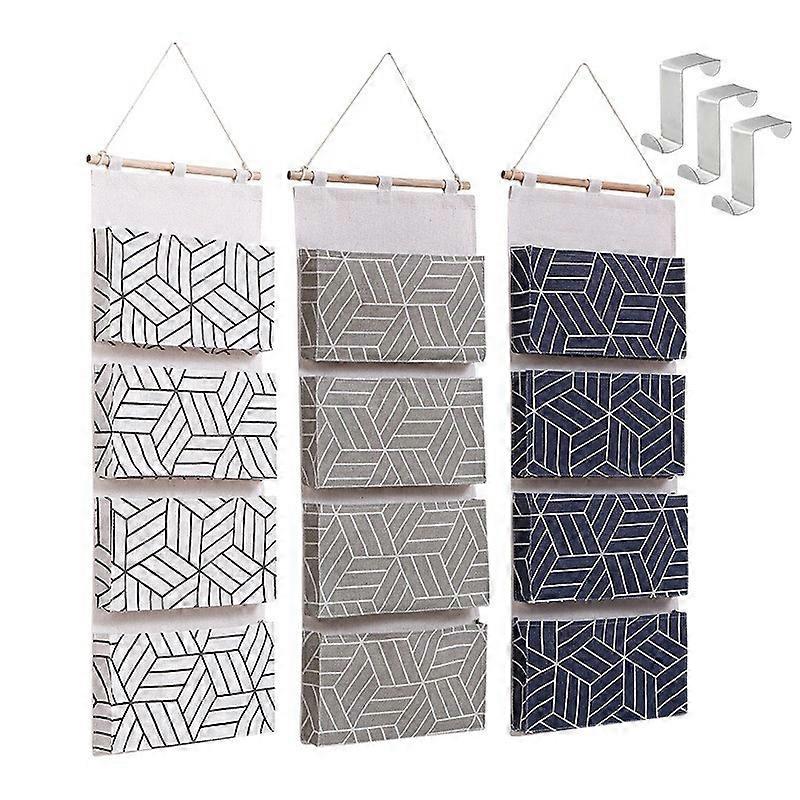 Hanging Storage Bag 3 Pieces Door Hanging Organizer Linen Fabric Storage Pouch with 4 Compartments and Hooks,80*30*3cm