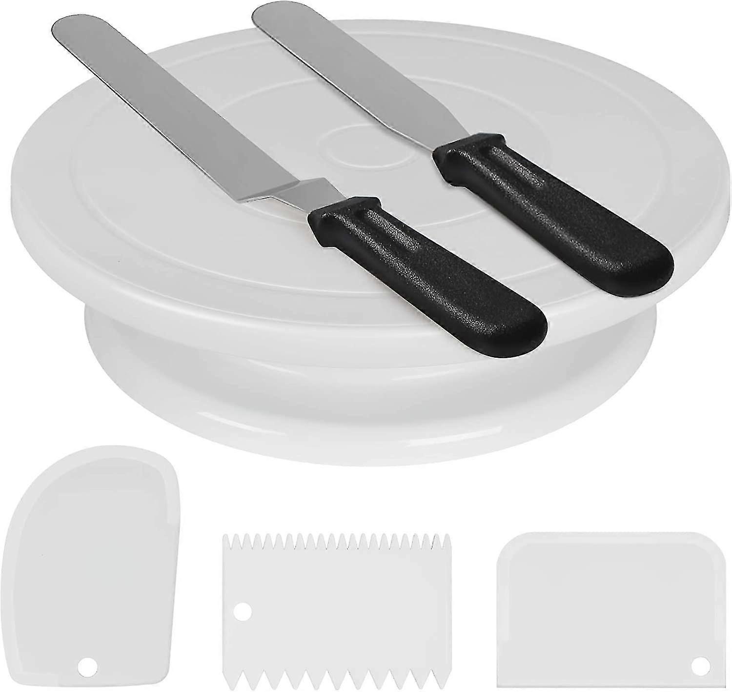 11 Inch Rotating Cake Turntable With 2 Icing Spatula And 3 Icing Smoother, Revolving Cake Stand White Baking Cake Decorating Supplies