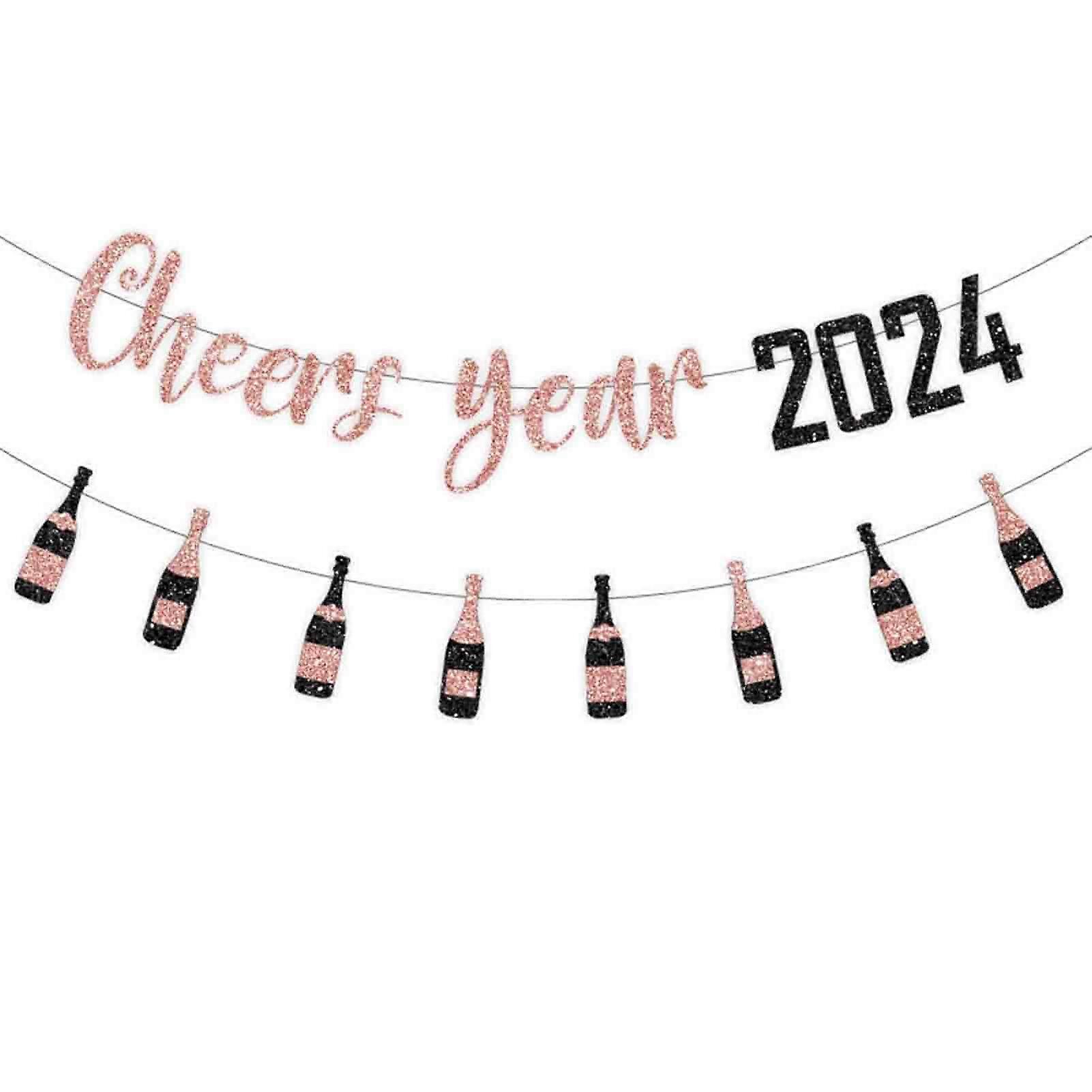 1 Set Happy New Year Banner Pendant Golden Silver Color Sequin Letter Flag & Paper Bottle Banner Hanging Ornament 2024 New Year Home Decoration DIY Ho