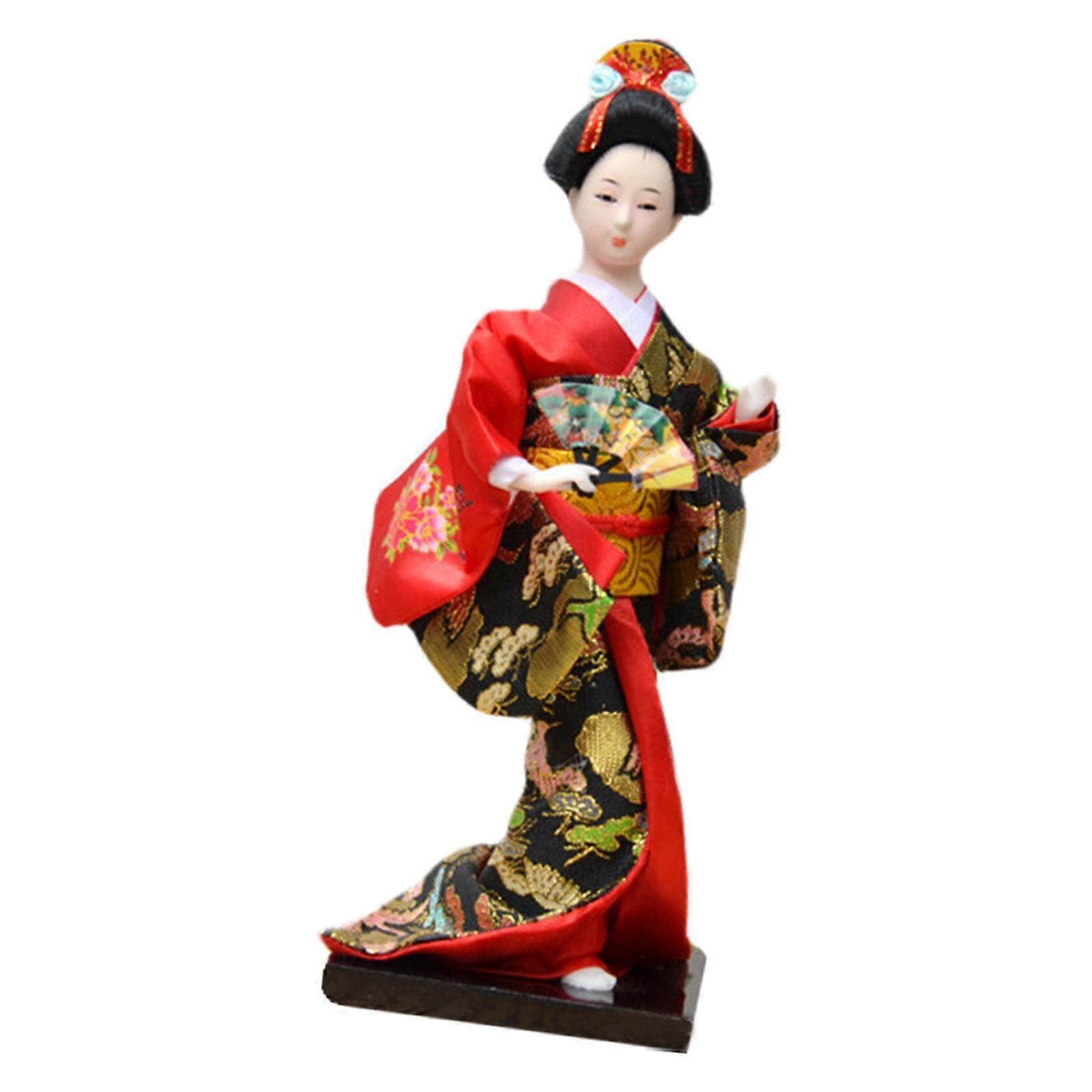 Ornamento Artesanal de Escritório de Boneca Geisha Kimono Japonês de 11 polegadas Vermelho
