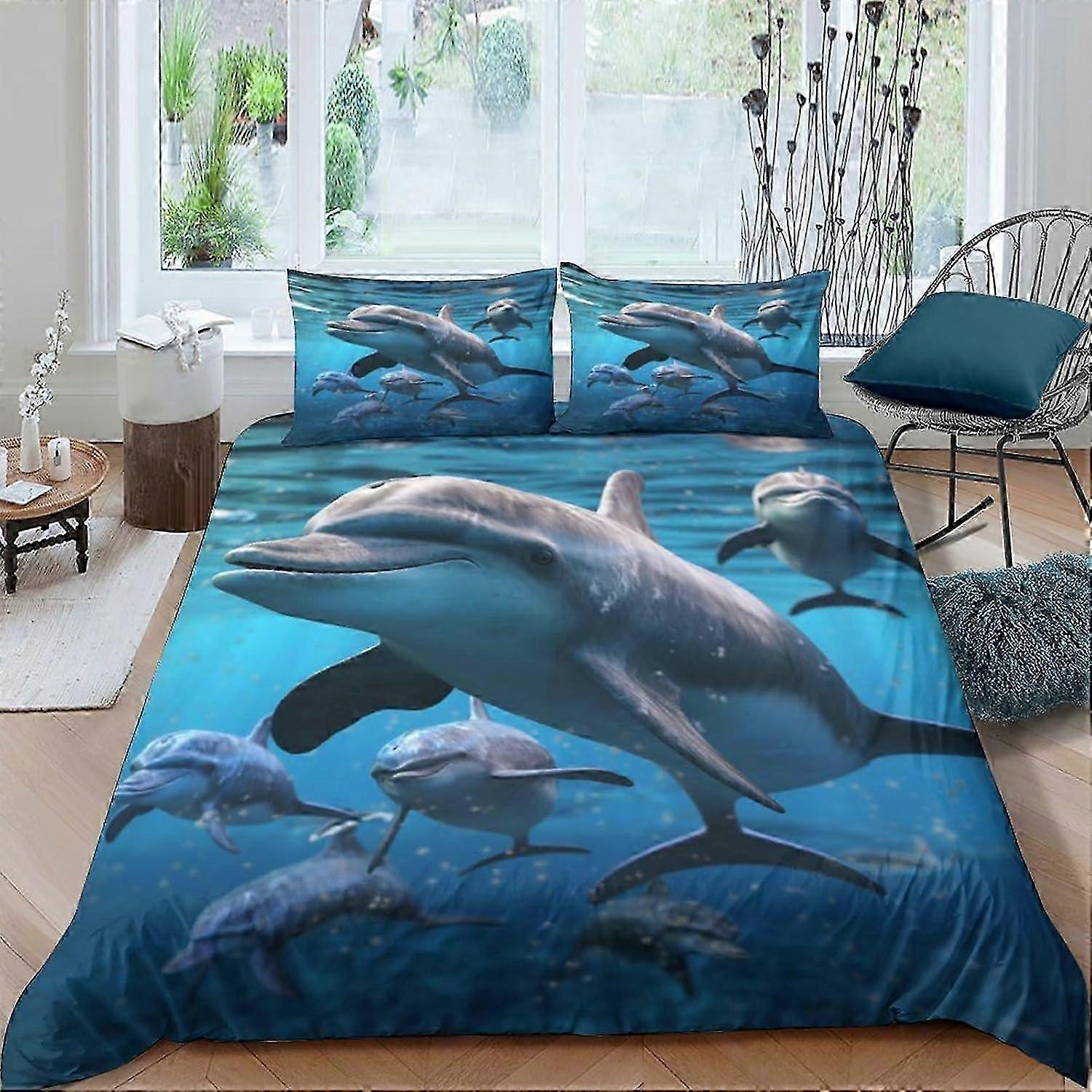 Conjunto de Capa de Edredom de Lençóis J503 Animal Dolphin Capa de Colcha Impressa em 3D Com Fecho de Zíper e 2 Capas de Conforto de Almofada Macias 3 Peças Ultra Macias Mi