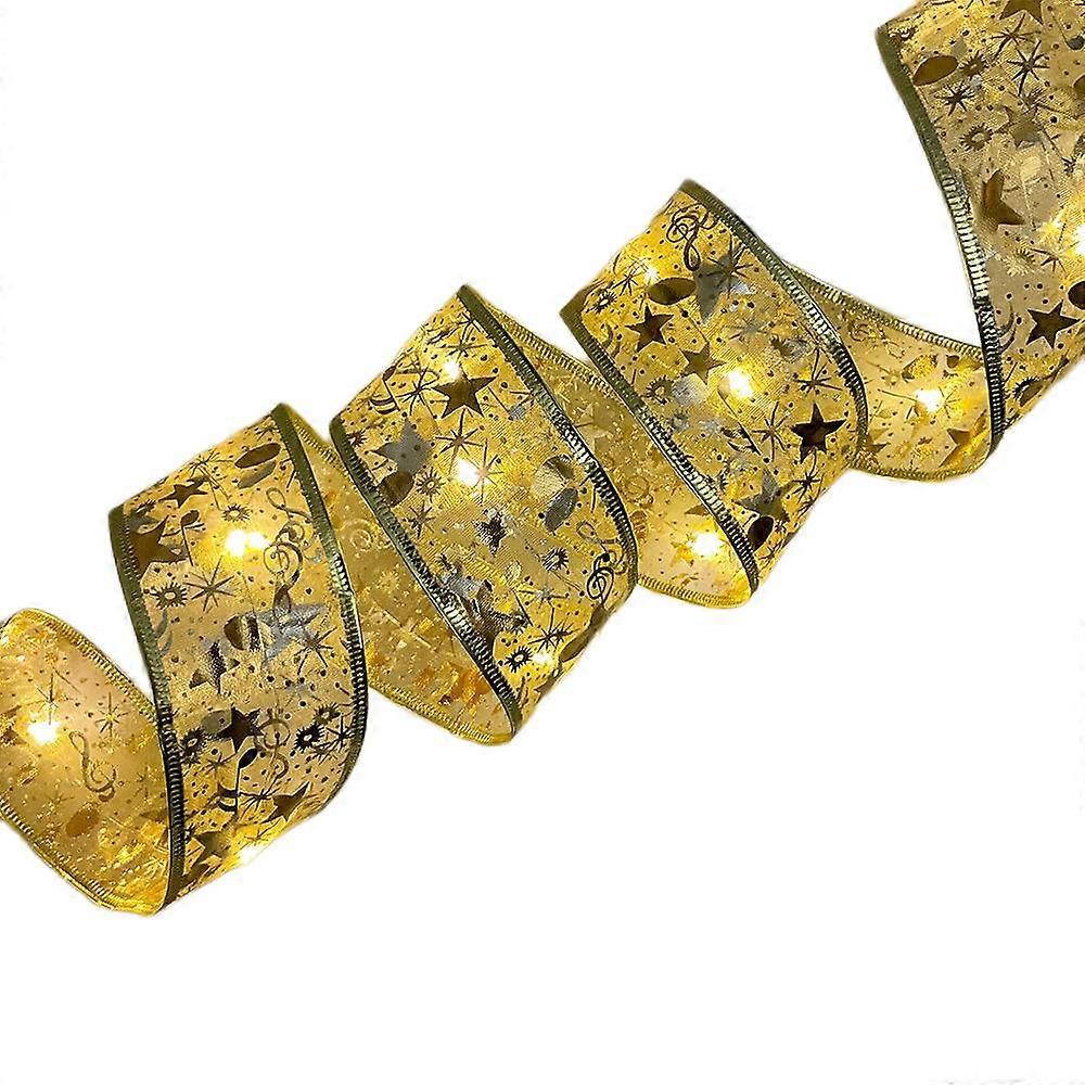 Christmas Ribbon Flashing Light String, Ribbon 4m40 Lights, Three Switch Flash Battery Box (Warm White With Gold Ribbon)