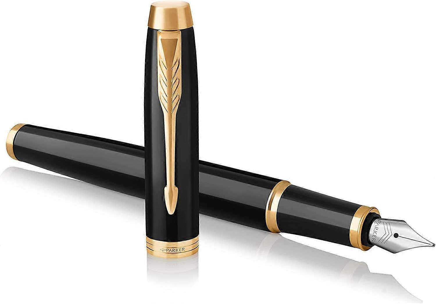 Fountain Pen | Black Lacquer with Gold Trim | Medium Nib with Blue Ink Refill0.5mm