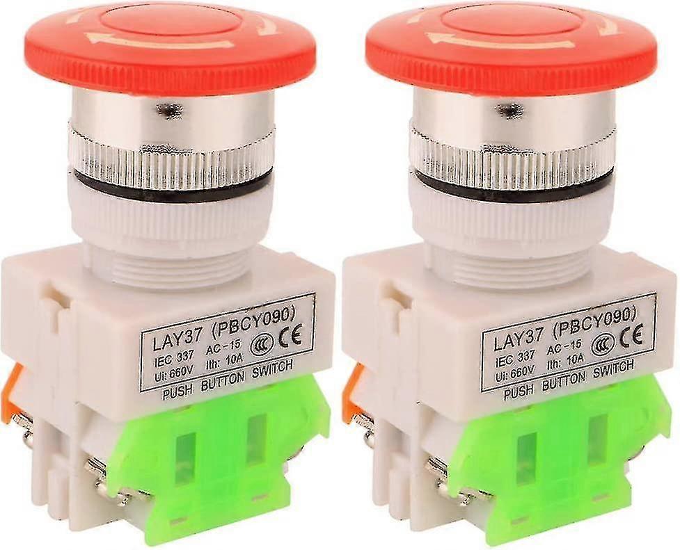 2pcs Ac 10a 22mm Emergency Stop Push Button No/nc Red Mushroom Cap