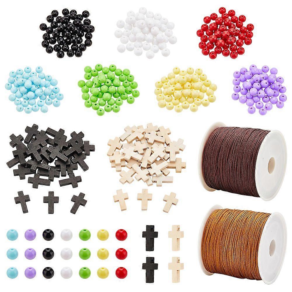 DIY Pendant Making Kit Including Acrylic Round Beads Cross Wood Pendants Nylon Thread Mixed Color 410Pcs/set
