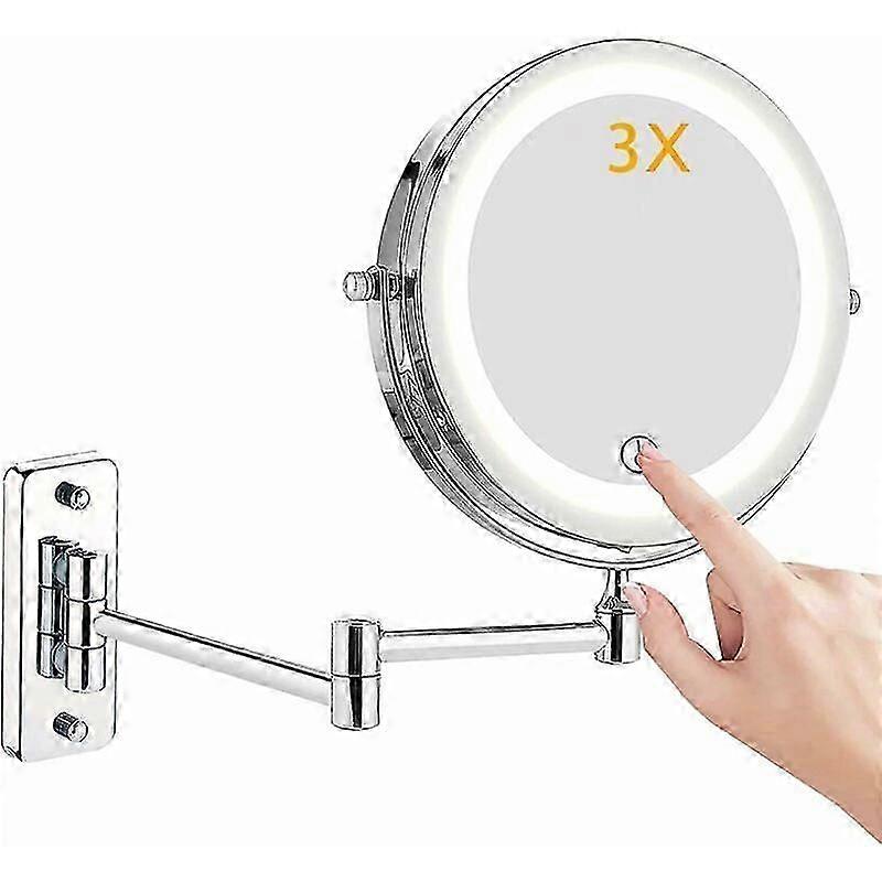 Led Illuminated Make-up Mirror, 1x / 3x Wall Mounting, Double-sided Magnification Make-up Mirror, 360 Swivel, Foldable, Shaving Mirror, Chromed Metal