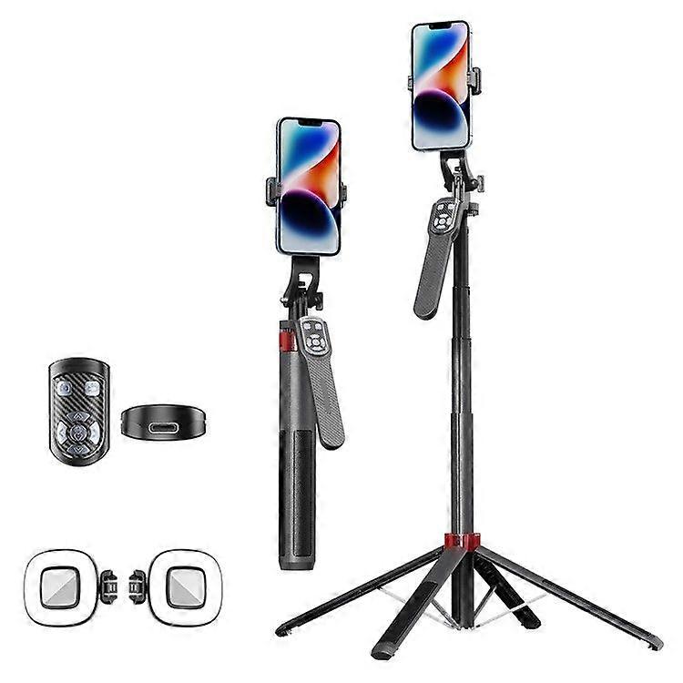 Phone Holder Bluetooth Selfie Stick Extendable Four-Leg Floor Stand with 2 Square Fill Lights