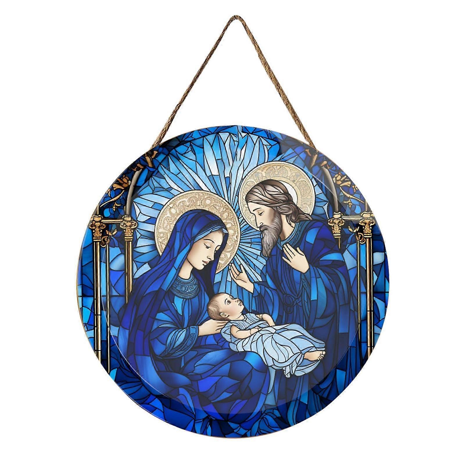 Jesus Nativity Scene Door Sign for Christmas Decor, Wooden Farmhouse Holiday Decoration, 18x12 Inches, Rustic Style