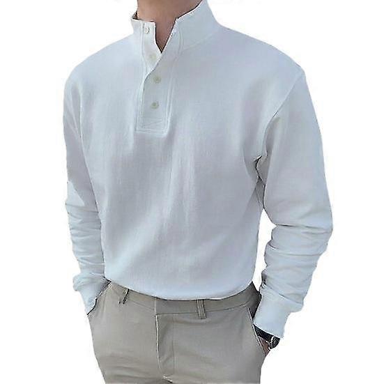 Autumn Spring Men Shirt Buttoned Half-open Stand Collar Long Sleeves Solid Color Elastic Cuff Loose Pullover Daily Wear Office Top