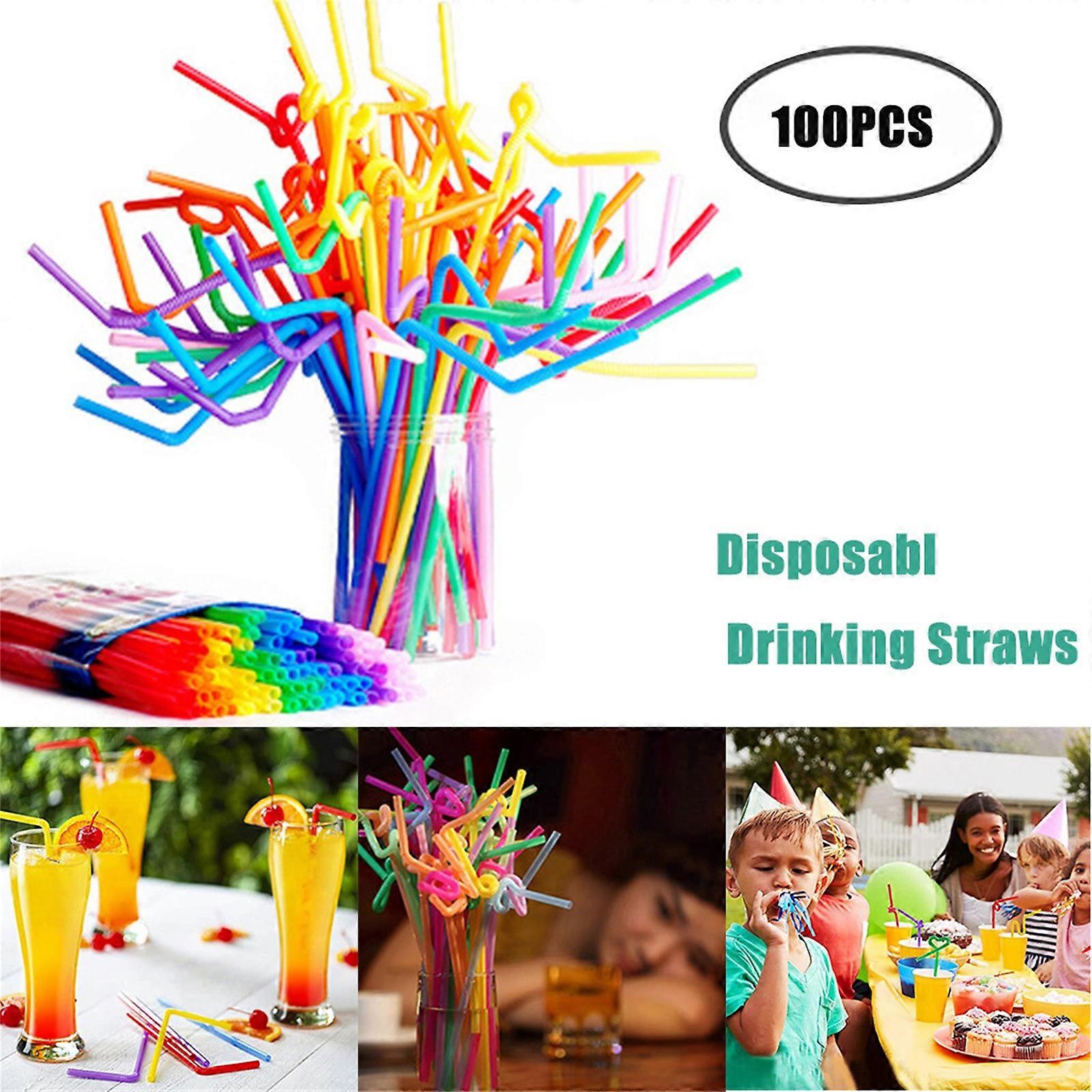 Flexible Party Disposable Plastic Drinking Straws - Assorted Colors 100PCS