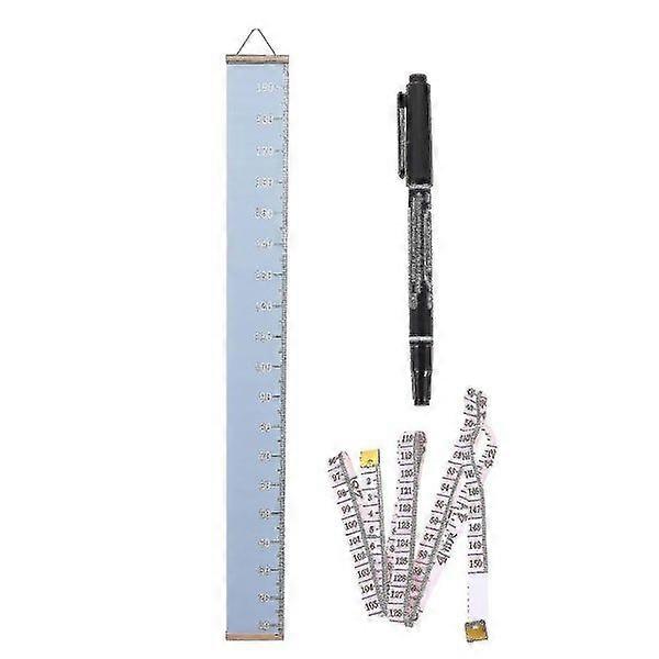 Height Measuring Ruler for Kids - Durable Wood and Canvas, Blue, 200cm, Portable Growth Chart with Pen and Hanging Picture
