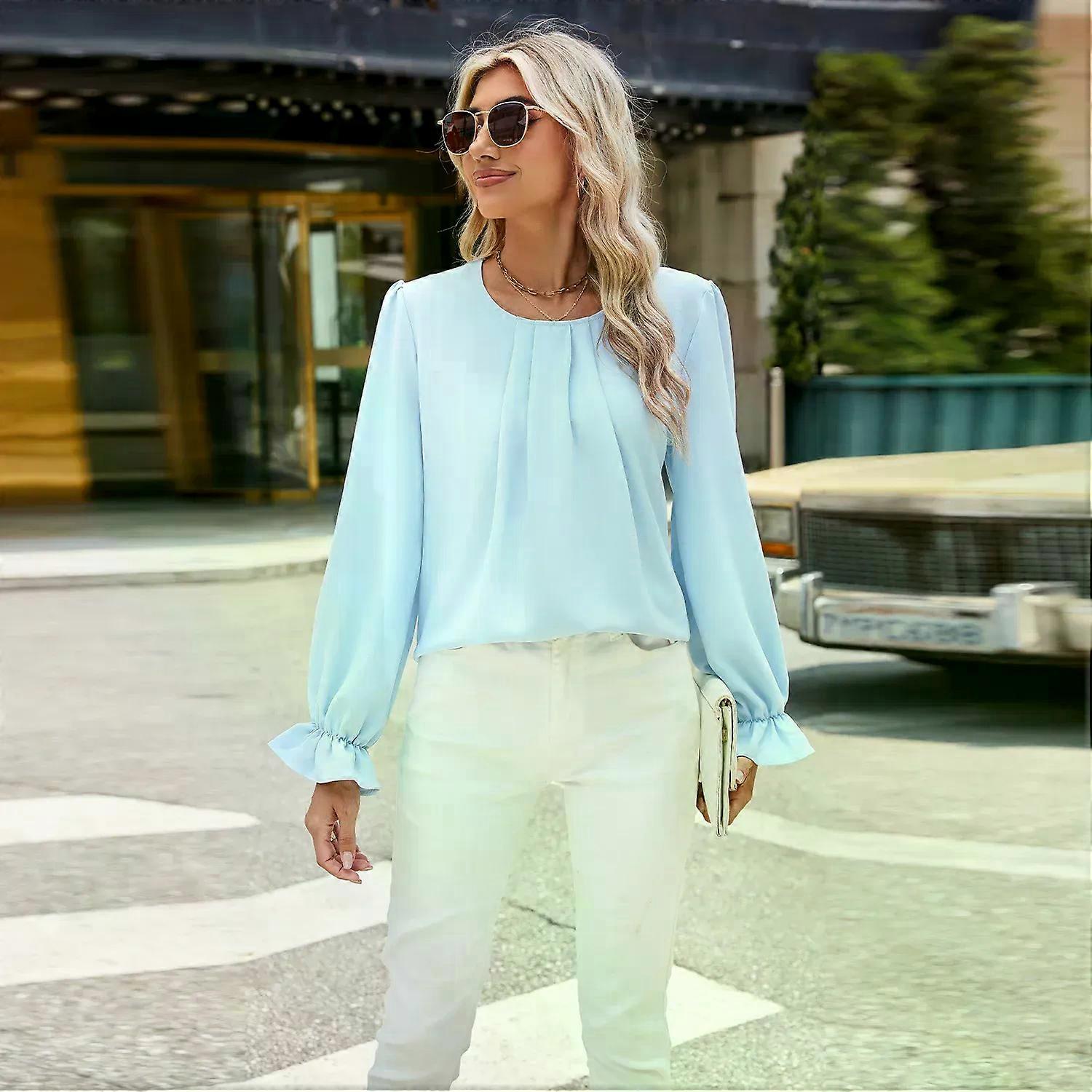 Uusi yhtenäinen väri pyöreä kaula-aukko pitkähihainen löysä sifonki toppi naisille