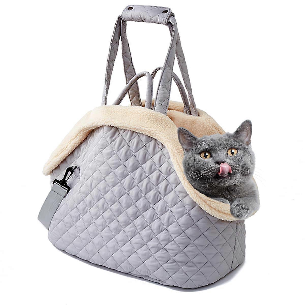 Small Cat Carrier Bag, Soft Cat Carrier Purse with Secure Clip  Pocket, Removable Fluffy Gray Cat Carrier, Up to 35 lbs