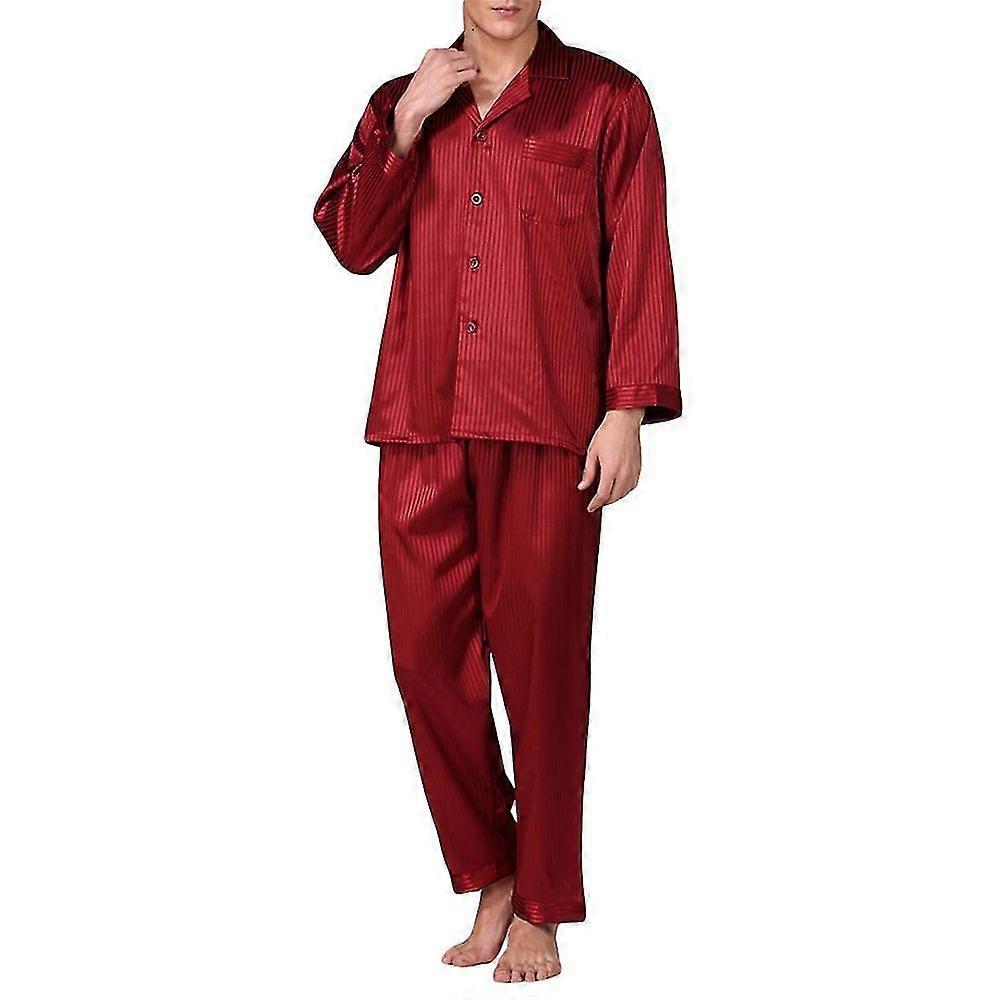 HJyang Mäns Lös Klassisk Button-Down Satin Pyjamas Set FMX
