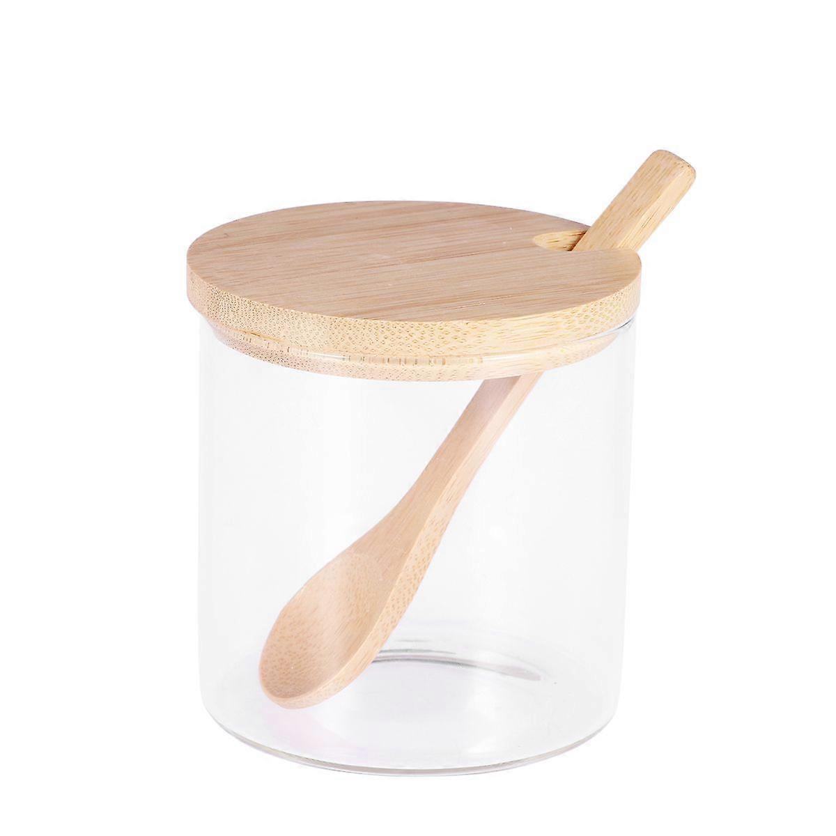 Glass Spice Condiment Jars Sugar Can Food Storage Containers with Bamboo Lid and Wooden Spoon for Serving Tea Coffee Spice