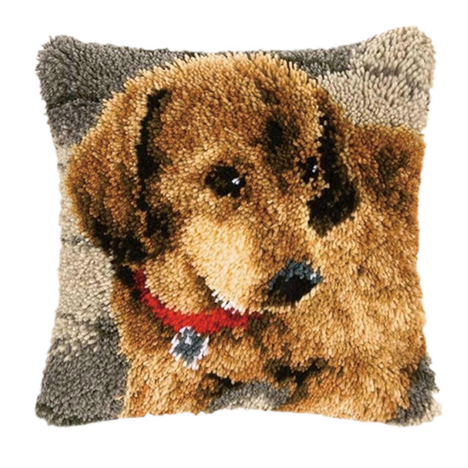 Latch Hook Kits For Adults, Beginner Cross-Stitch Pillow Cover Kit, Pre-Printed Puppy Pattern Canvas Pillowcase, 17x17in