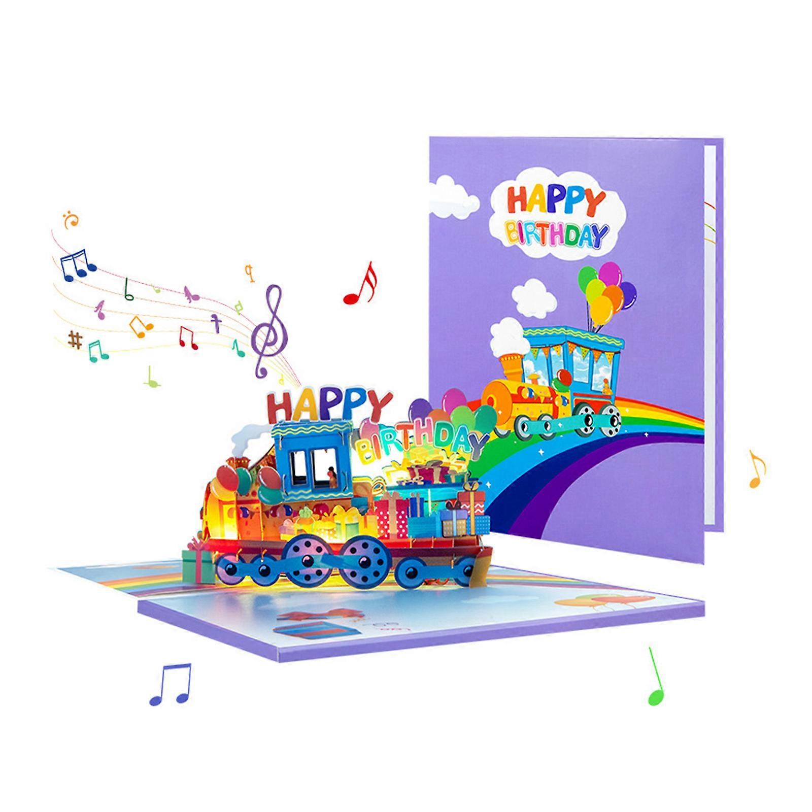 Unique 3D Light Up Rainbow Train Postcard Greeting Card with Music Foldable LED Lighting Surprise Card with Envelope