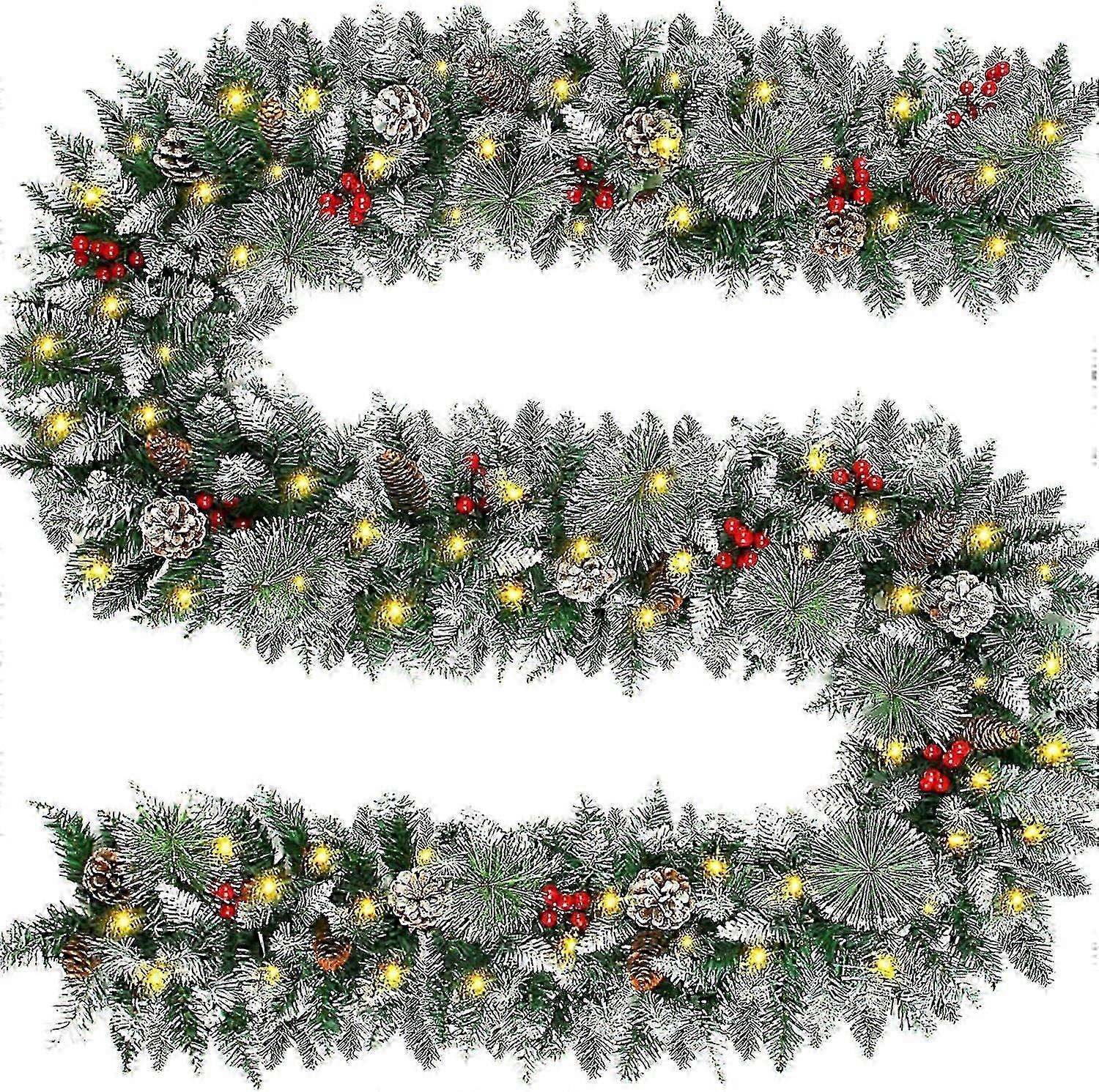 9FT Christmas Garland with 100 Lights & Timer - Prelit Garland with Pine Cone and Berry Elements