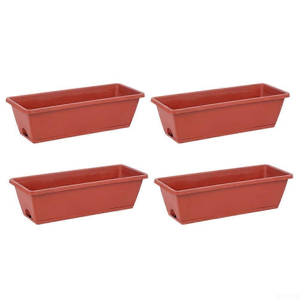 Plastic Flower Pots with Trays, Indoor and Outdoor Planters in Red Brick Design, Set of 4 for Windowsills and Gardens