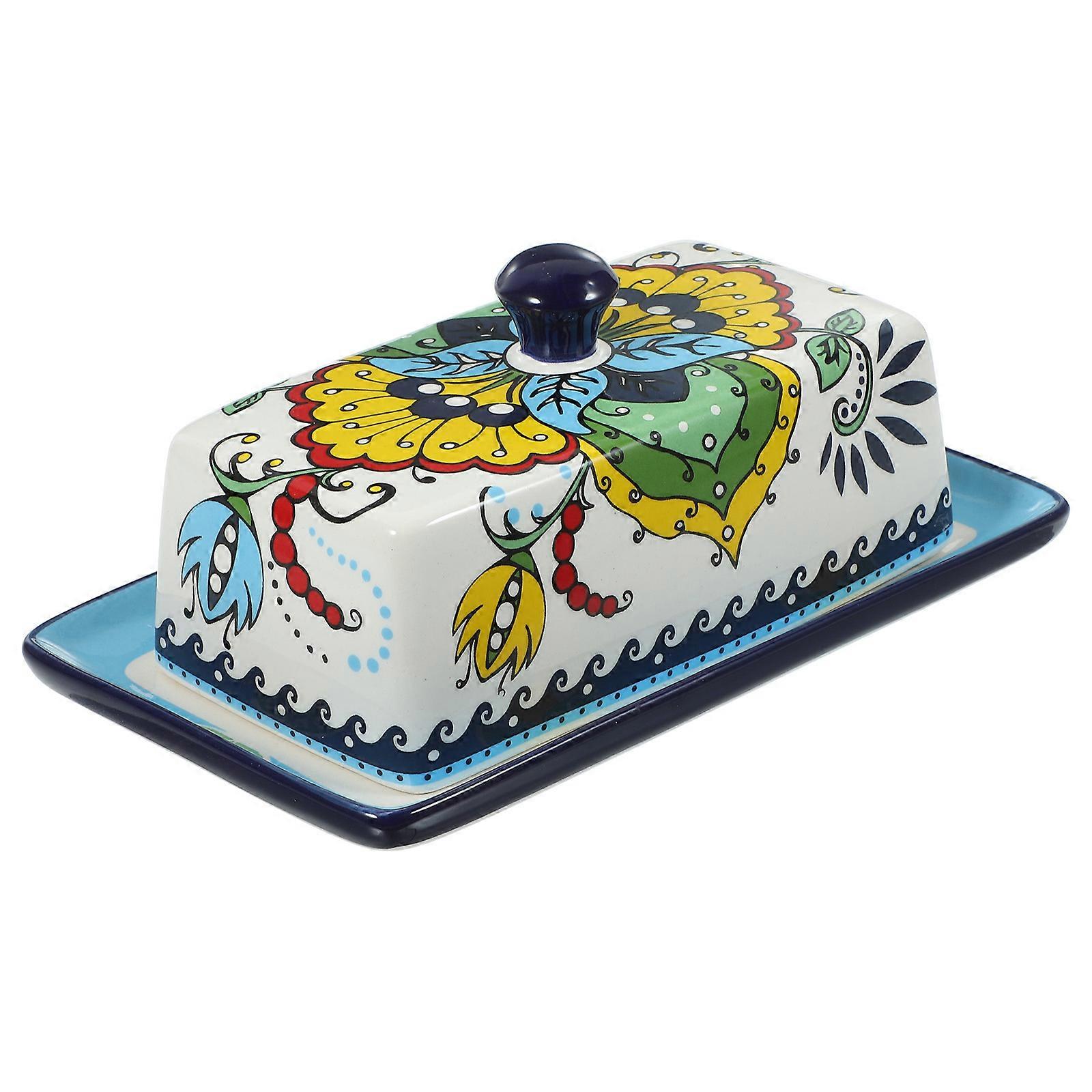 Butter Dishes With Lid For Countertop Ceramic European Style Cheese Plate Blue 20.20X11.50X9.00CM Fresh Keeping 1Pcs
