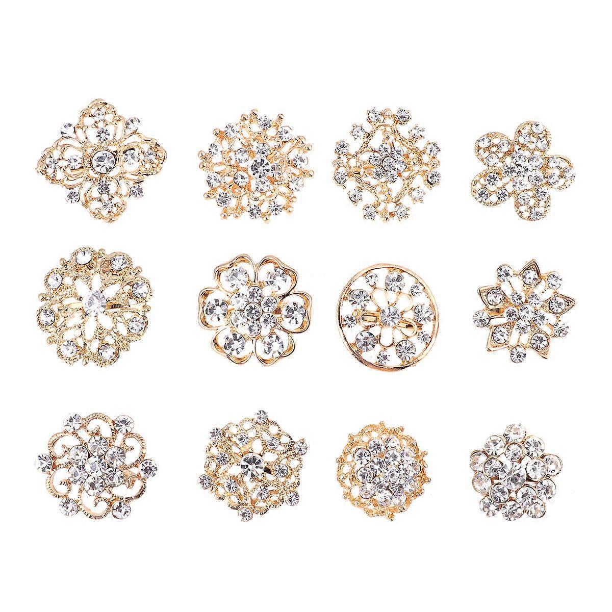 Elegant Brooches For Women Flower Crystal Small Brooch Golden Alloy 12Pcs Clothes Clips Formal Occasions