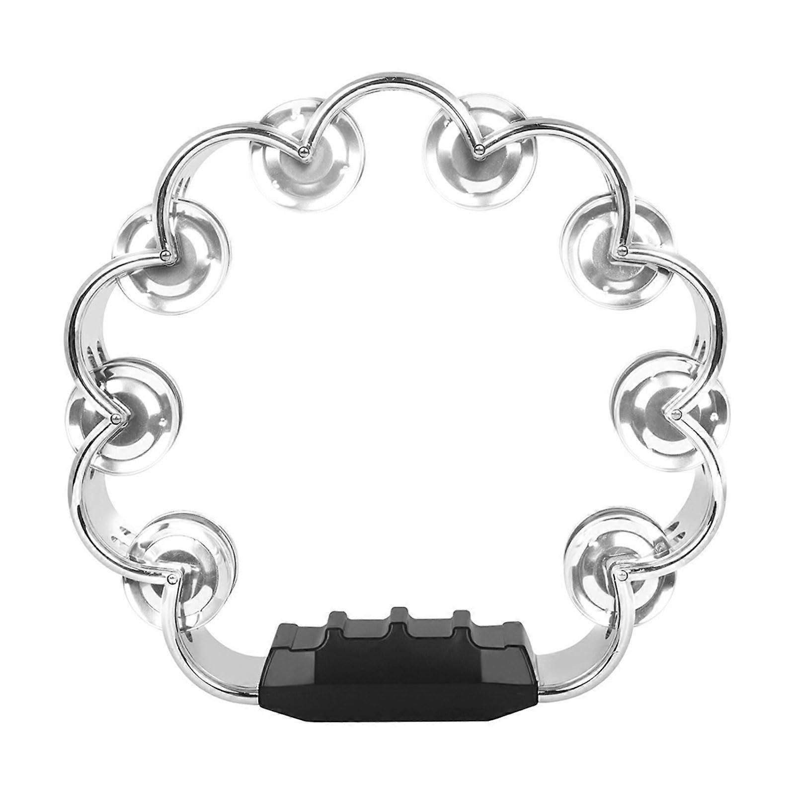 Tambourine 20.3 cm Diameter Double-Row Metal Bells Ergonomic Handle Grip Round Silver