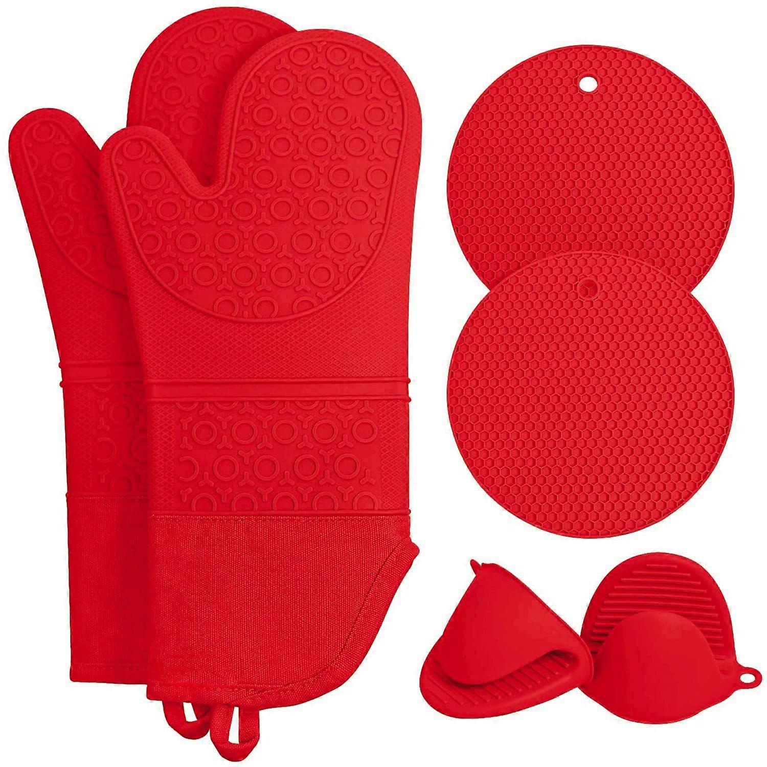 HG Oven Mitts And Potholders Set: Heat Resistant Silicone Oven Mitts With Mini Oven Mitts Potholders For Kitchen Baking Cooking, 6 Pcs (Bright RED)
