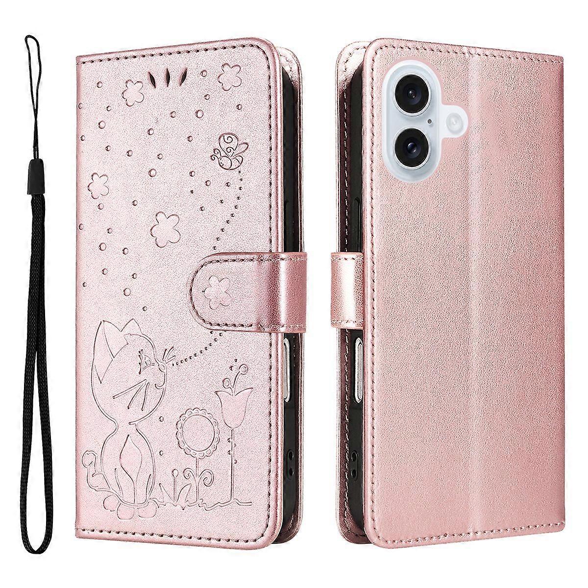 For iPhone 17 Leather Wallet Case Cat Bee Pattern Phone Cover Stand