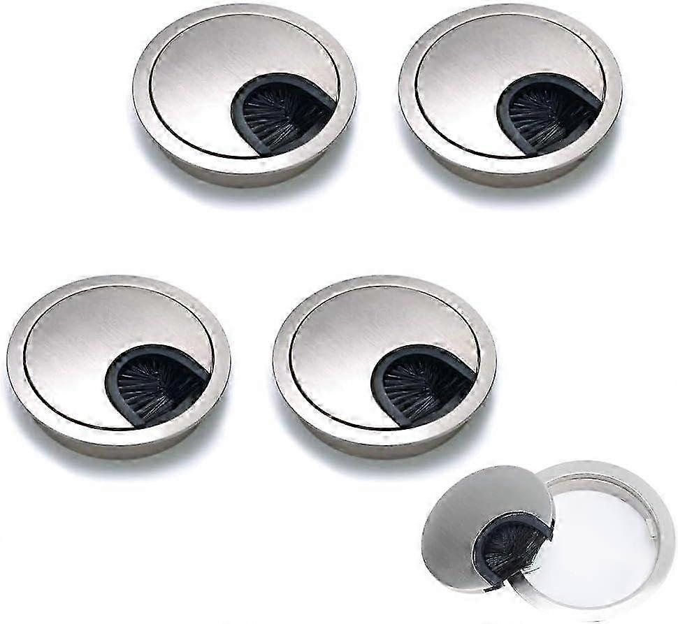 4Pcs Round Recessed Desk Cable Organizer in Brushed Metal Design for Desk Table Silver 60Mm