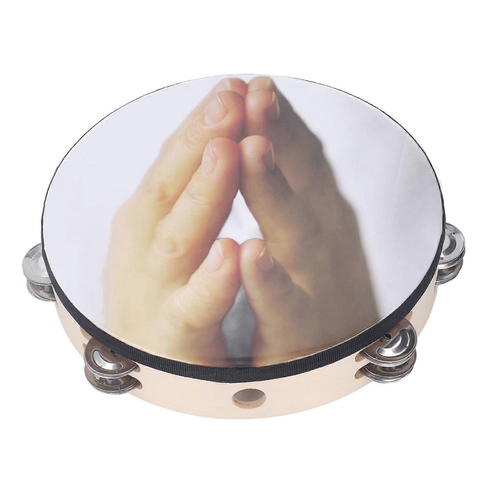 10in Double Row Musical Tambourine PET Waterproof Jingles Tambourine Hand Held Percussion Drum Pray Pattern