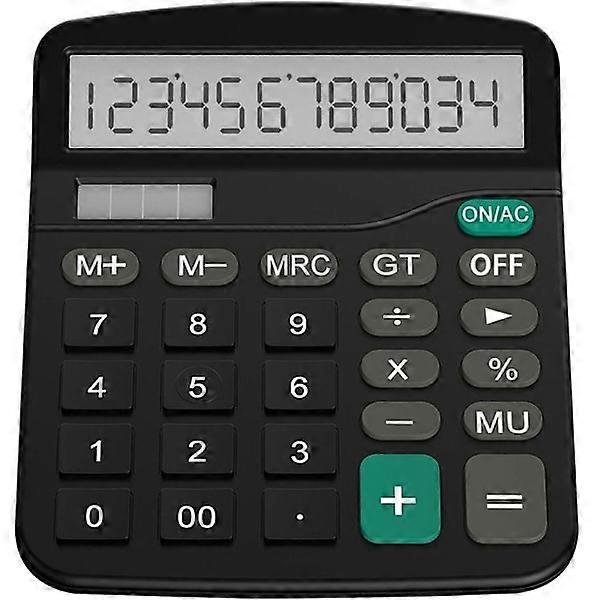 Basic desktop calculator with standard function and large 12-digit LCD screen, solar battery, dual power supply desktop calculator, black