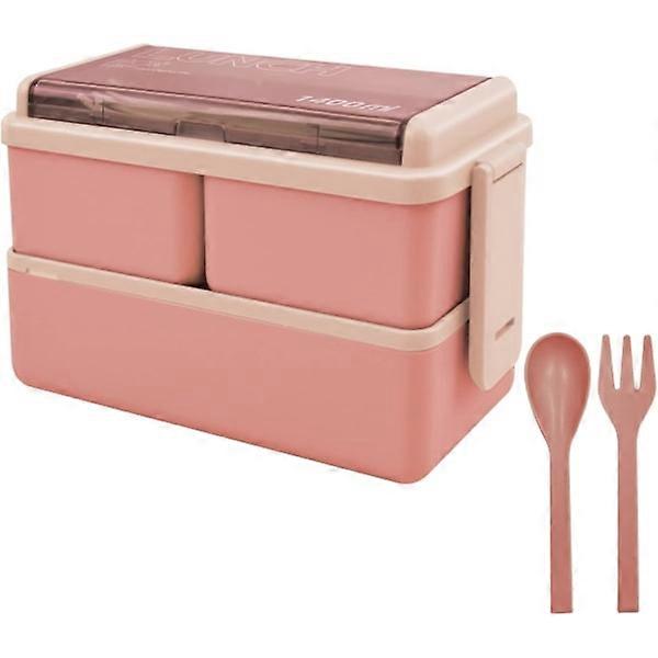 Stackable lunch box, 1400ml container with 3 removable compartments and cutlery, leakproof 2-layer box (pink)