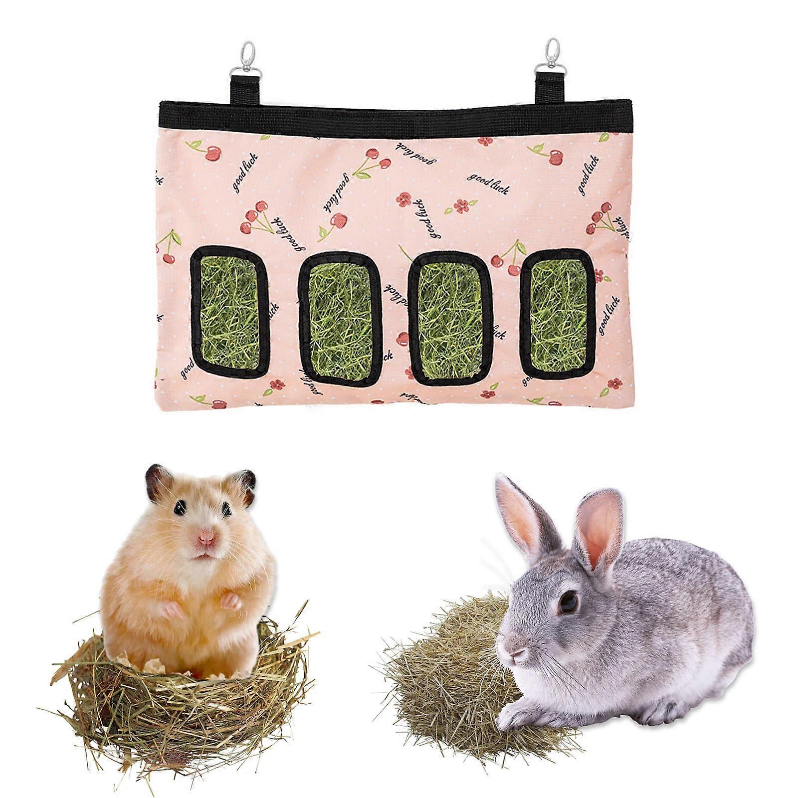 Rabbit Hay Bag, 4-Hole Hanging Feeder, Pink Small Animals Feeding Station For Rabbit, Guinea Pig, Chinchilla, Hamster